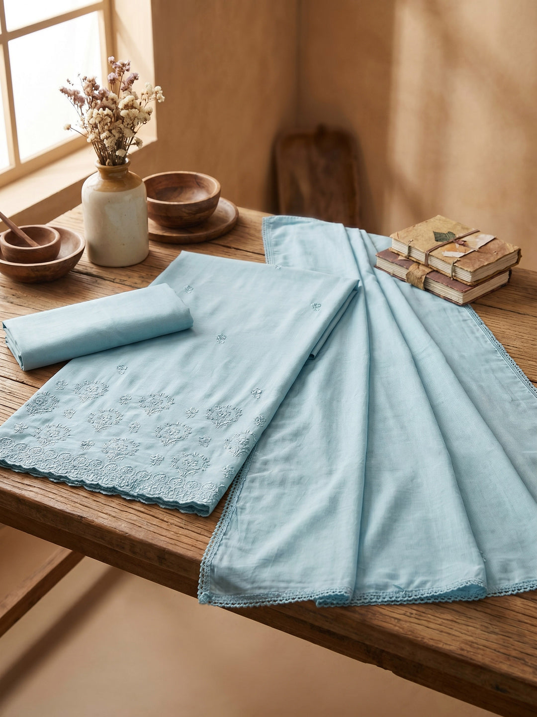 Aqua Blue Embroidered Cotton Blend Unstitched Suit &amp; Pant With Cotton Dupatta