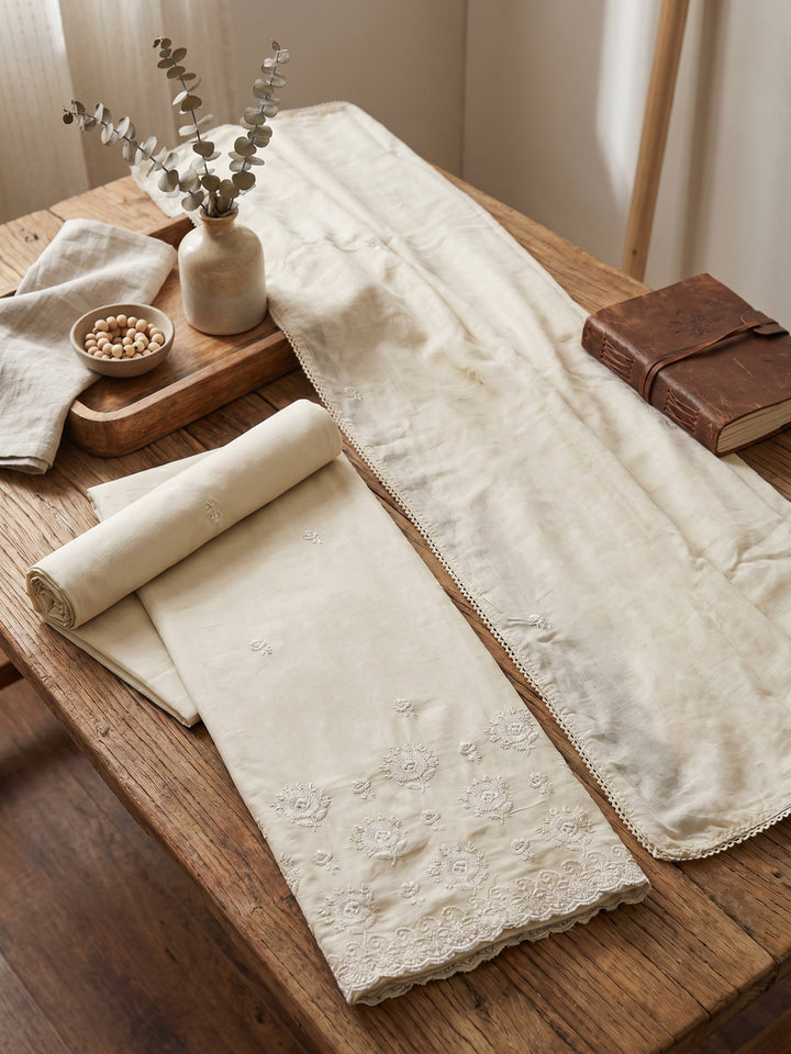 Beige Embroidered Cotton Blend Unstitched Suit &amp; Pant With Cotton Dupatta