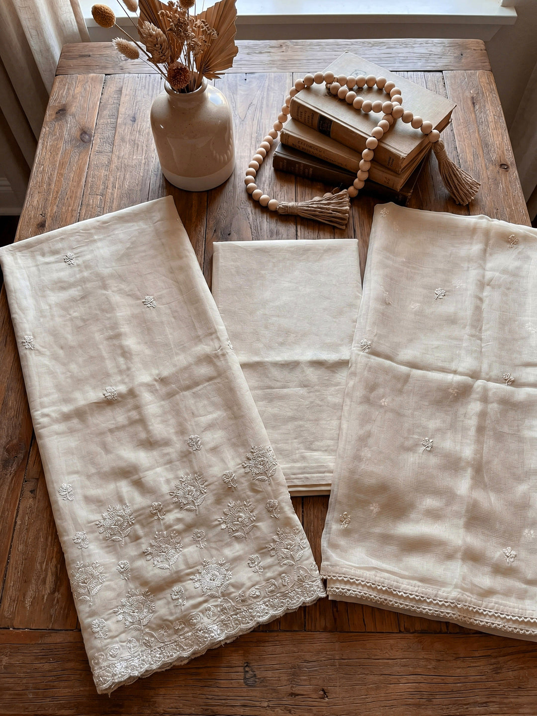 Beige Embroidered Cotton Blend Unstitched Suit &amp; Pant With Cotton Dupatta