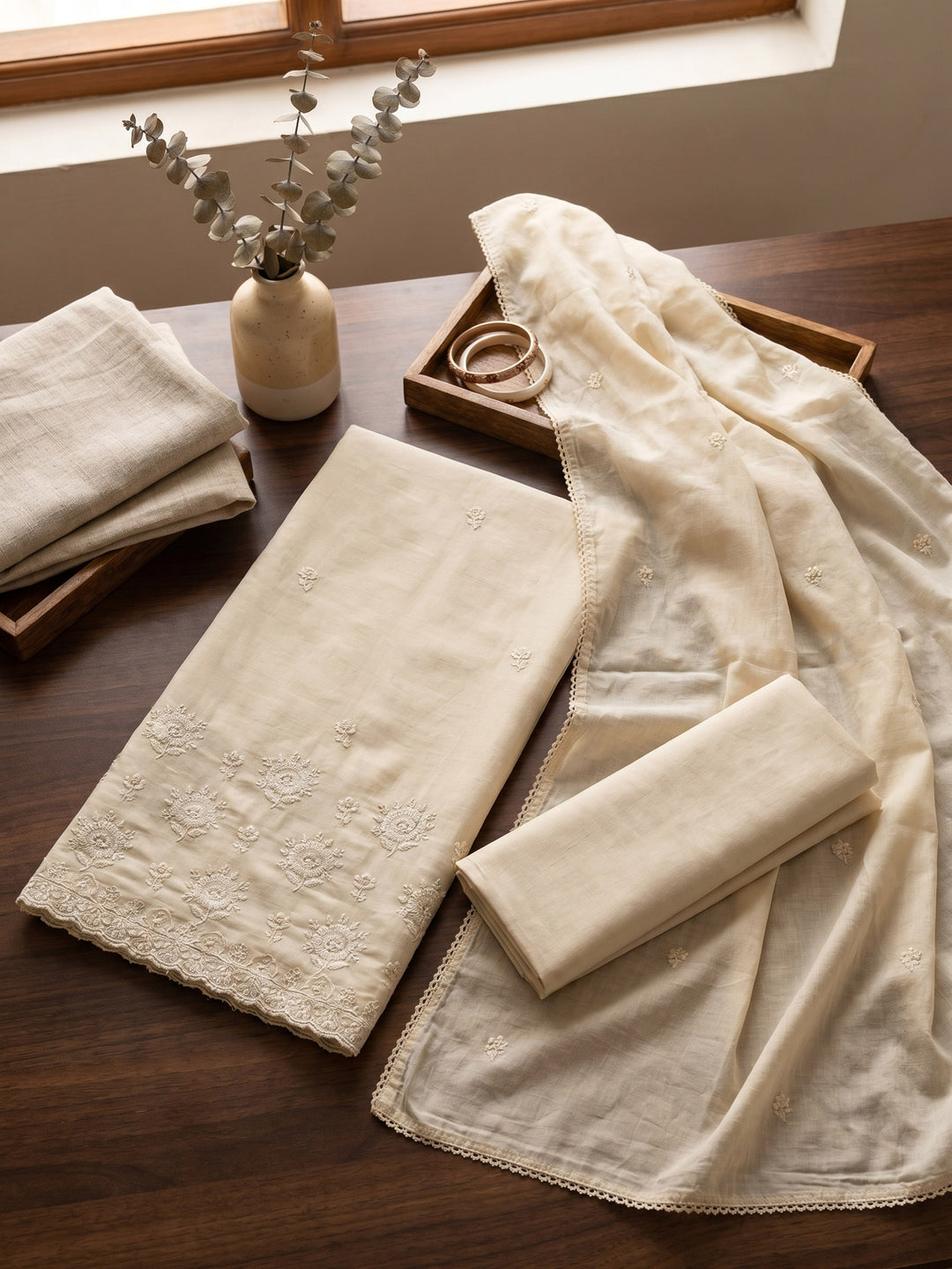 Beige Embroidered Cotton Blend Unstitched Suit &amp; Pant With Cotton Dupatta