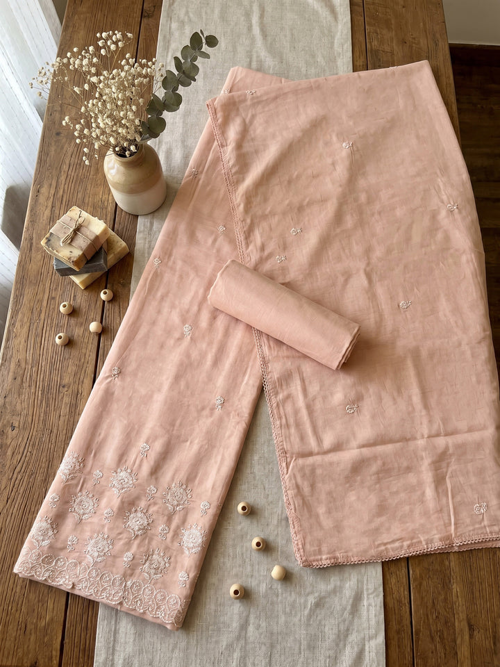 Peach Embroidered Cotton Blend Unstitched Suit &amp; Pant With Cotton Dupatta