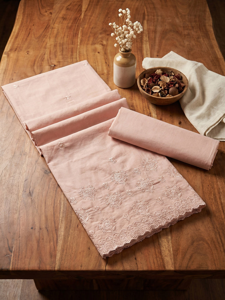 Peach Embroidered Cotton Blend Unstitched Suit &amp; Pant With Cotton Dupatta