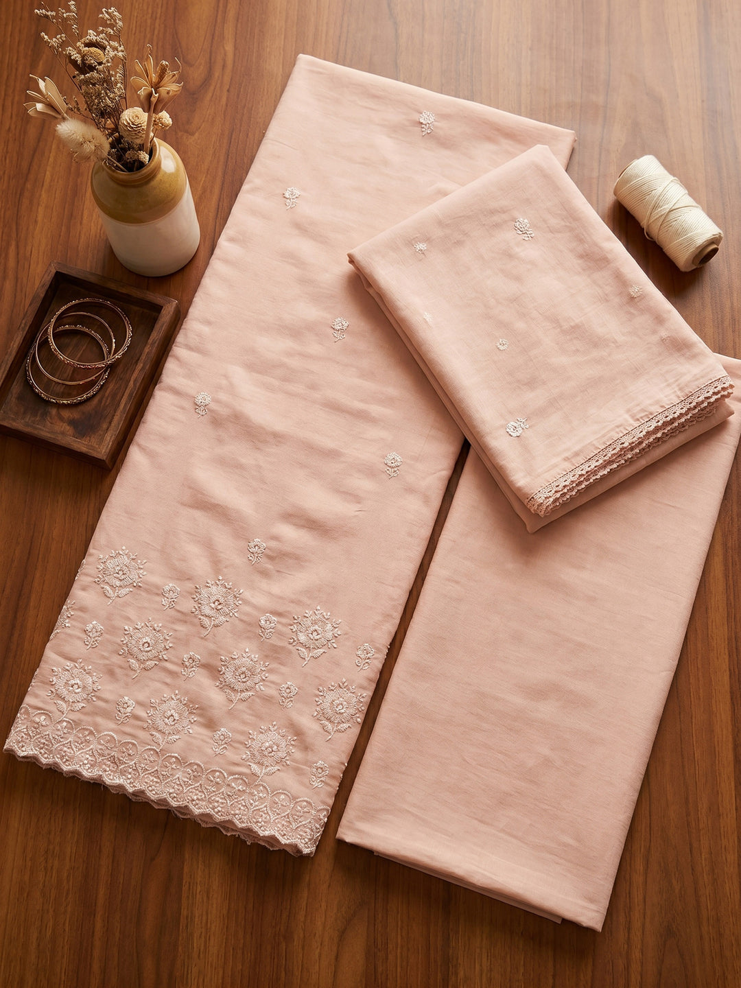 Peach Embroidered Cotton Blend Unstitched Suit &amp; Pant With Cotton Dupatta