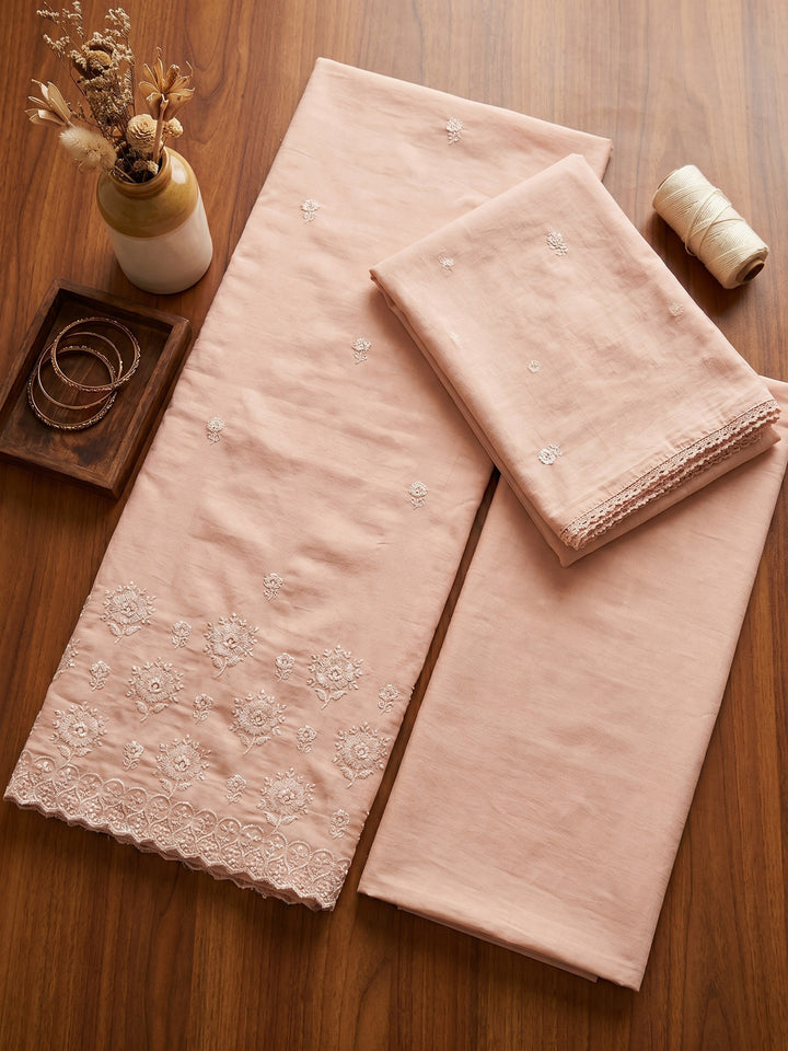 Peach Embroidered Cotton Blend Unstitched Suit &amp; Pant With Cotton Dupatta