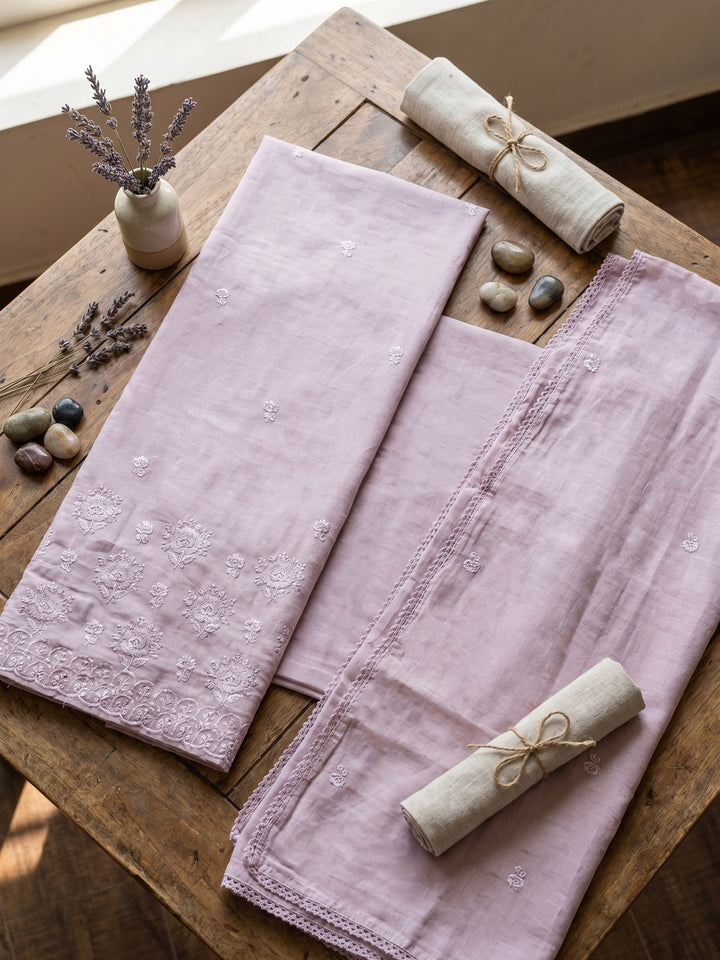 Pink Embroidered Cotton Blend Unstitched Suit &amp; Pant With Cotton Dupatta