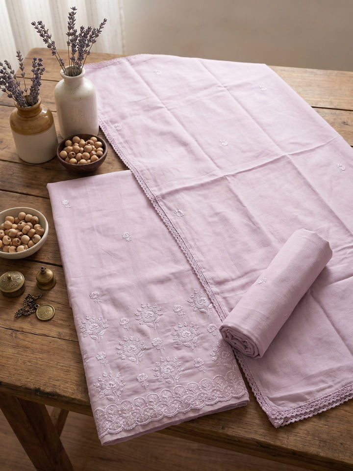 Pink Embroidered Cotton Blend Unstitched Suit &amp; Pant With Cotton Dupatta