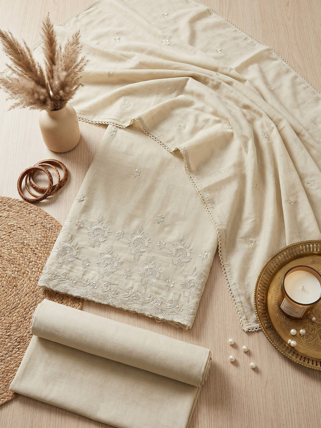 Embroidered Cotton Blend Unstitched Suit With Dupatta