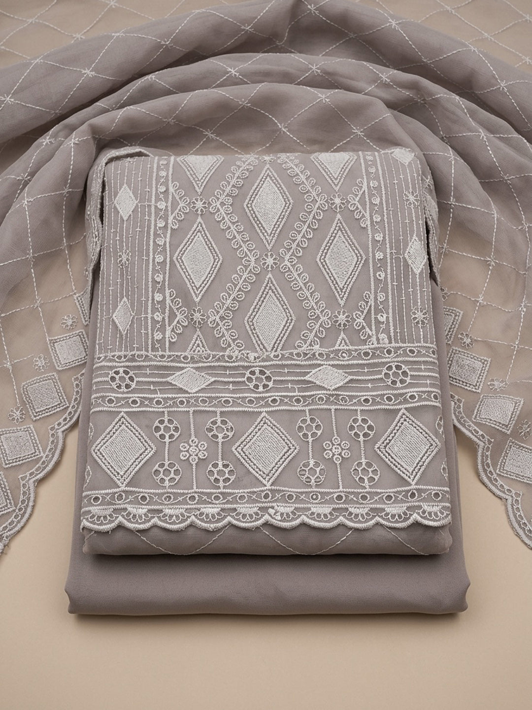 Grey Embroidered Georgette Unstitched Suit &amp; Pant With Georgette Dupatta