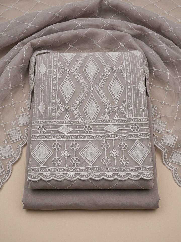 Grey Embroidered Georgette Unstitched Suit &amp; Pant With Georgette Dupatta