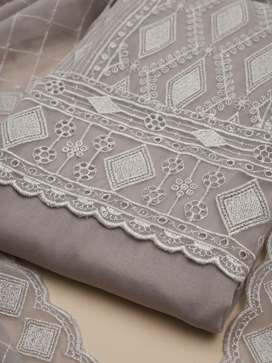Grey Embroidered Georgette Unstitched Suit &amp; Pant With Georgette Dupatta