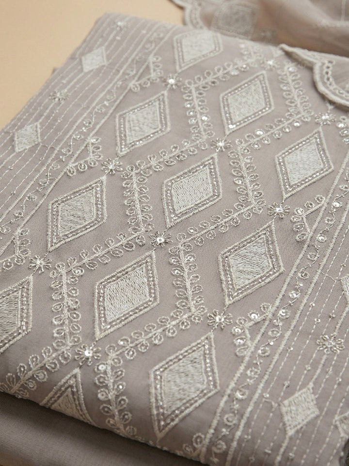 Grey Embroidered Georgette Unstitched Suit &amp; Pant With Georgette Dupatta
