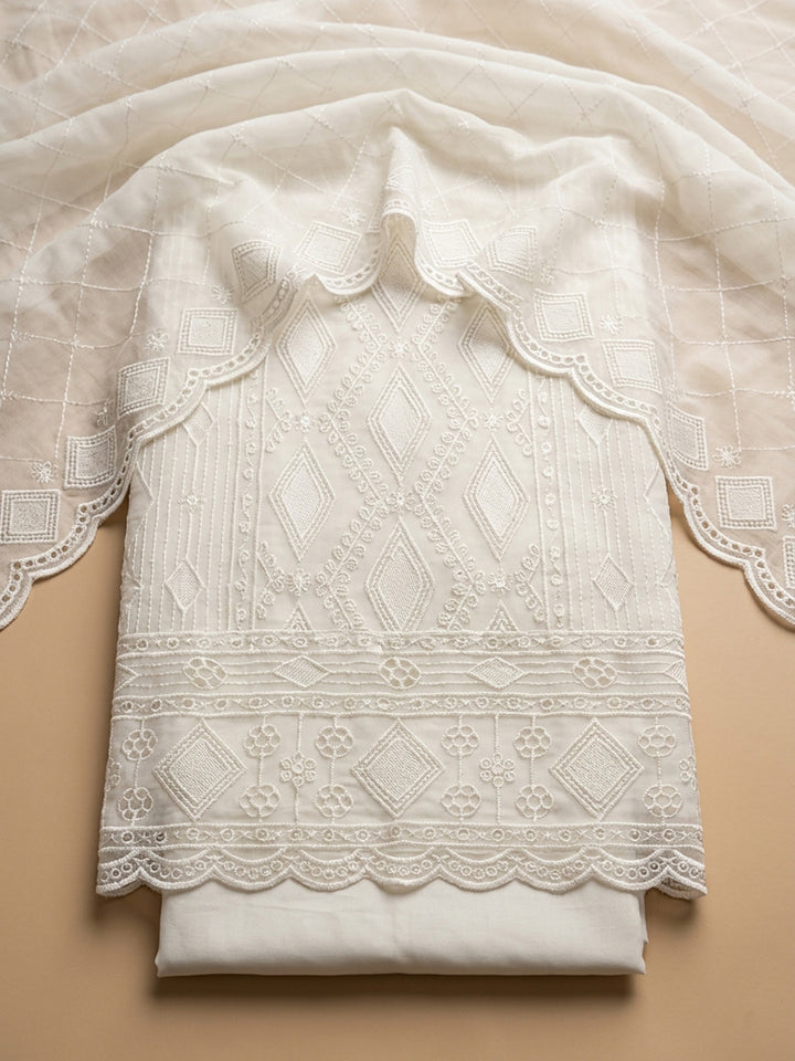 Off White Embroidered Georgette Unstitched Suit &amp; Pant With Georgette Dupatta