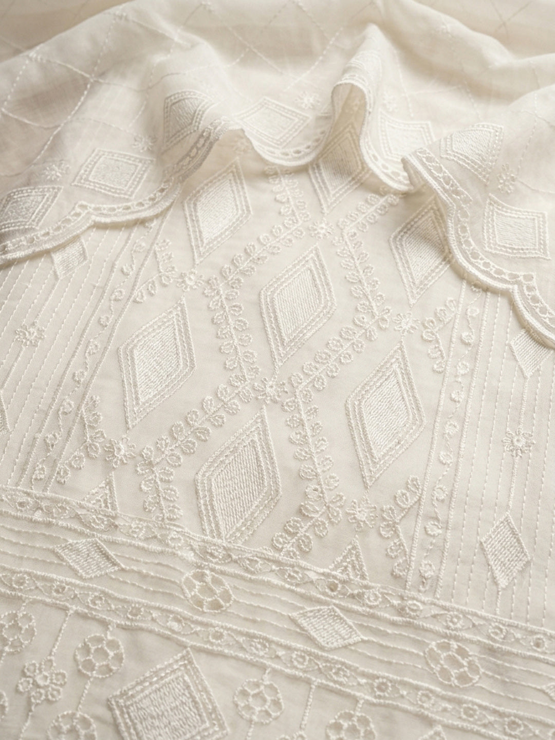 Off White Embroidered Georgette Unstitched Suit &amp; Pant With Georgette Dupatta