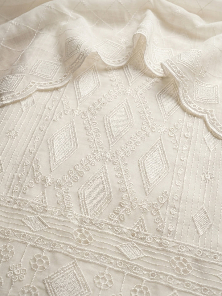 Off White Embroidered Georgette Unstitched Suit &amp; Pant With Georgette Dupatta