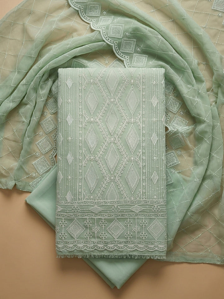 Pista Green Embroidered Georgette Unstitched Suit &amp; Pant With Georgette Dupatta