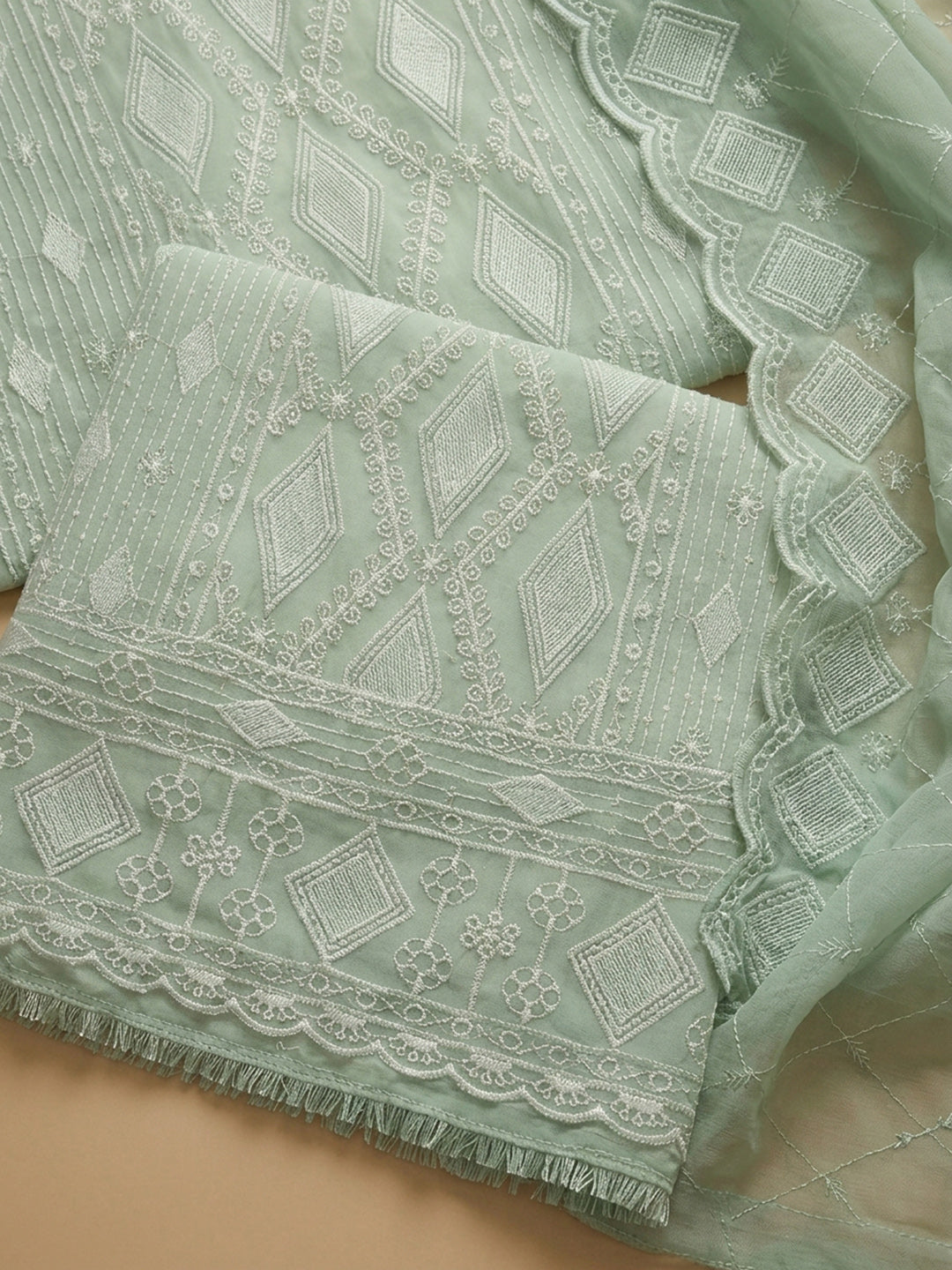 Pista Green Embroidered Georgette Unstitched Suit &amp; Pant With Georgette Dupatta