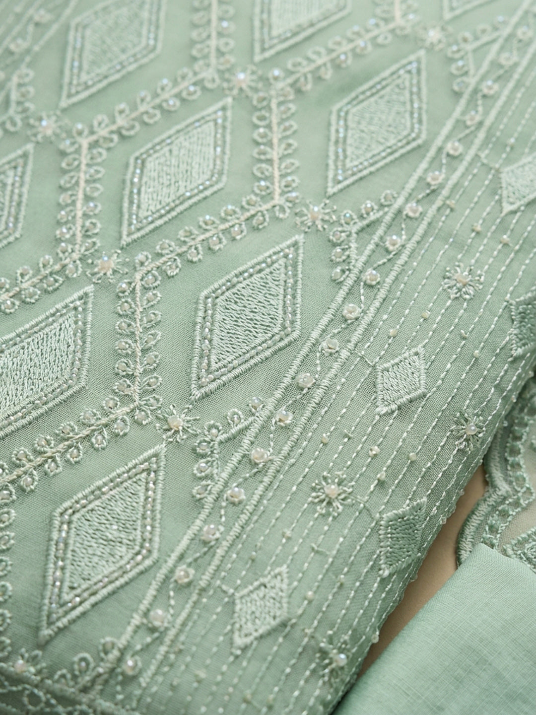 Pista Green Embroidered Georgette Unstitched Suit &amp; Pant With Georgette Dupatta