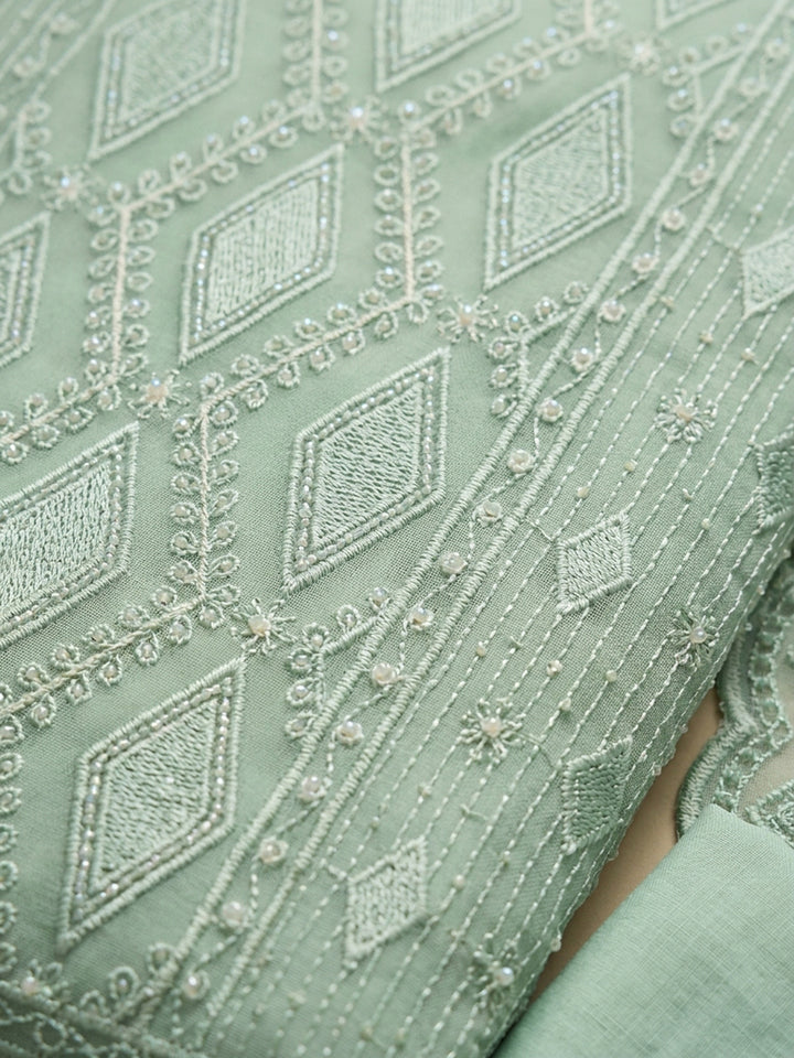Pista Green Embroidered Georgette Unstitched Suit &amp; Pant With Georgette Dupatta