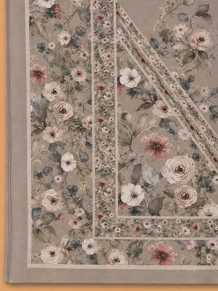 Cream Printed Cotton Blend Unstitched Suit &amp; Pant With Cotton Dupatta