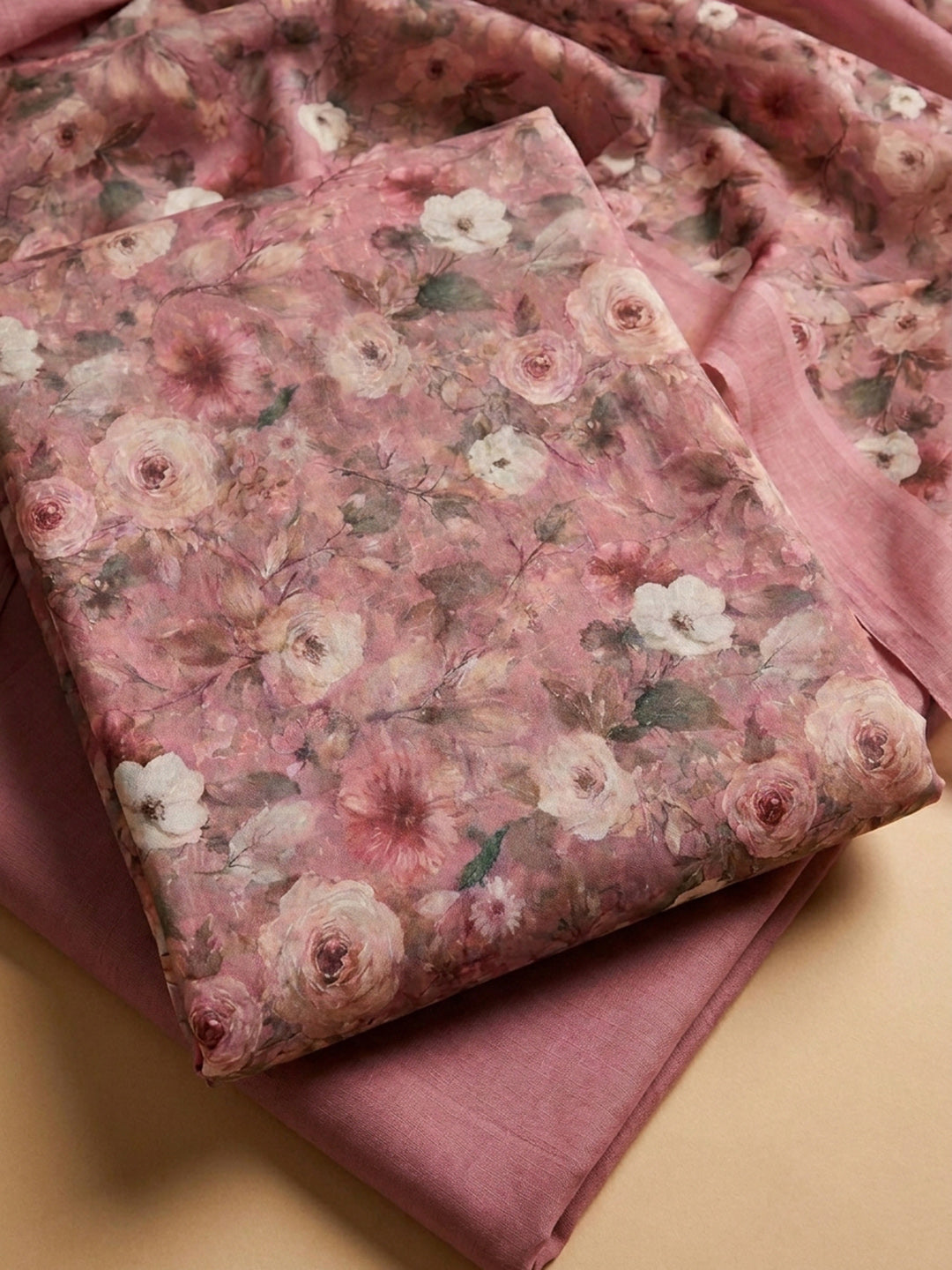 Onion Pink Printed Cotton Blend Unstitched Suit &amp; Pant With Cotton Dupatta