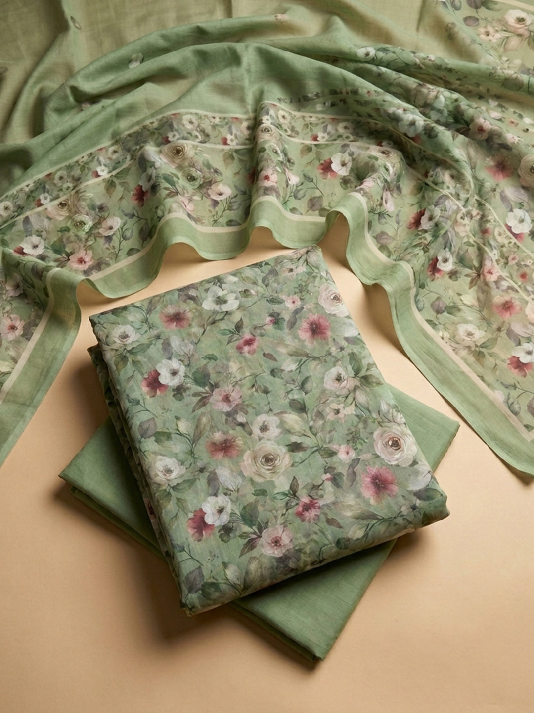 Pista Green Printed Cotton Blend Unstitched Suit &amp; Pant With Cotton Dupatta