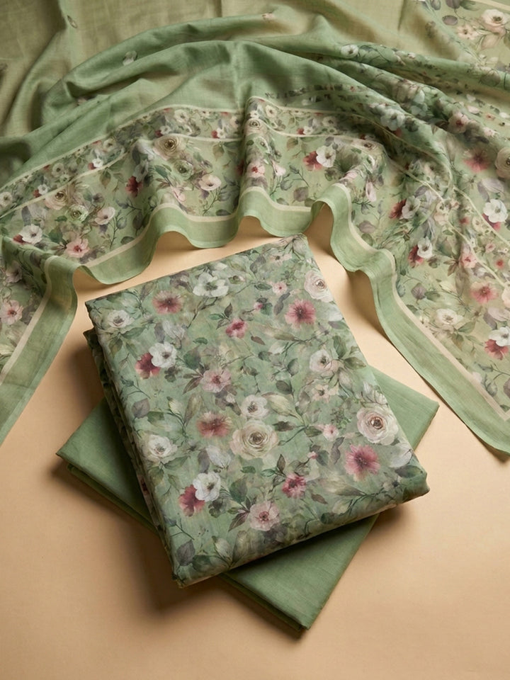 Pista Green Printed Cotton Blend Unstitched Suit &amp; Pant With Cotton Dupatta