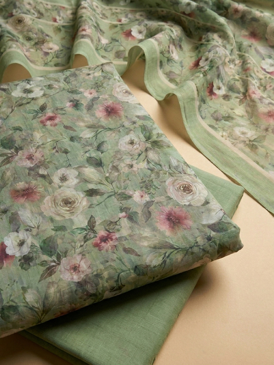 Pista Green Printed Cotton Blend Unstitched Suit &amp; Pant With Cotton Dupatta
