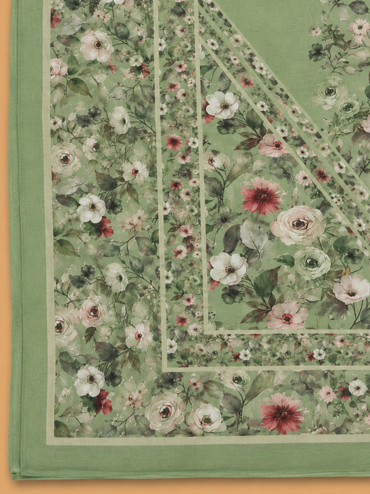 Pista Green Printed Cotton Blend Unstitched Suit &amp; Pant With Cotton Dupatta
