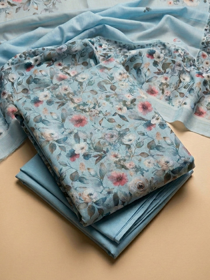 Sky Blue Printed Cotton Blend Unstitched Suit &amp; Pant With Cotton Dupatta