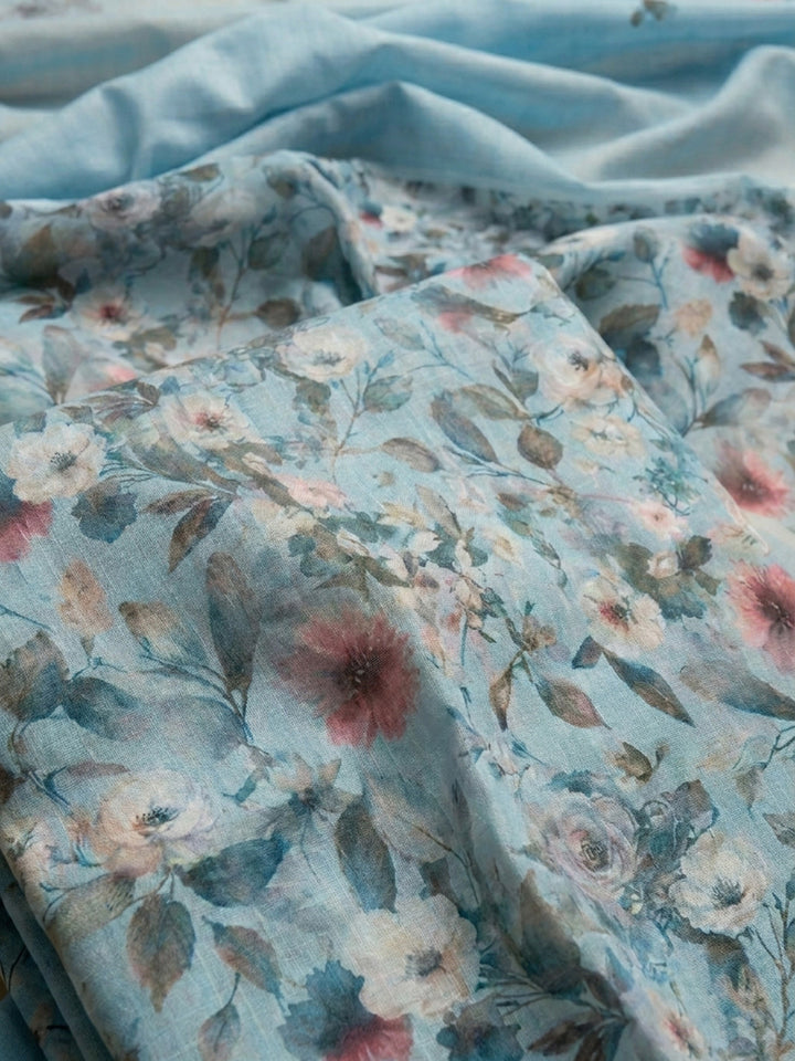 Sky Blue Printed Cotton Blend Unstitched Suit &amp; Pant With Cotton Dupatta