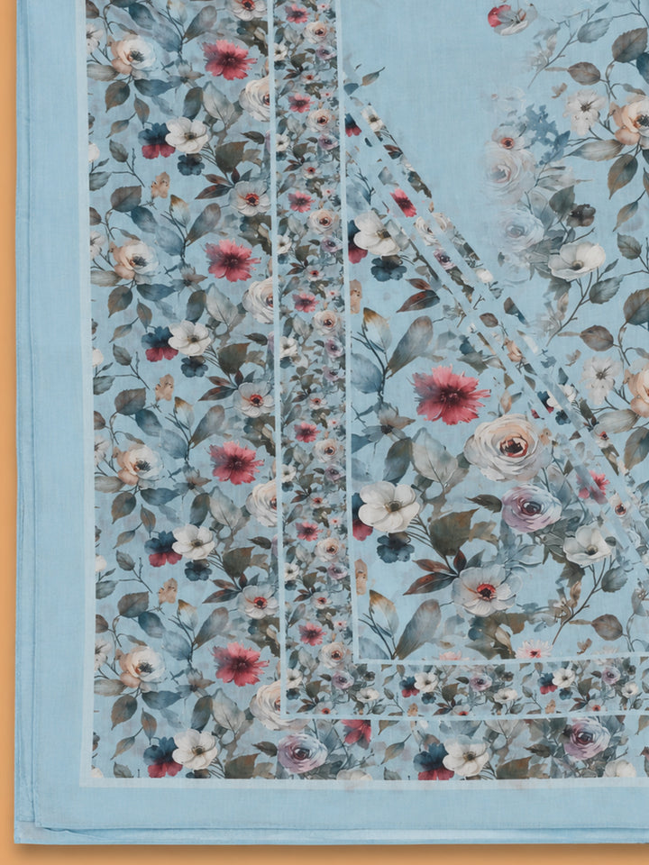 Sky Blue Printed Cotton Blend Unstitched Suit &amp; Pant With Cotton Dupatta