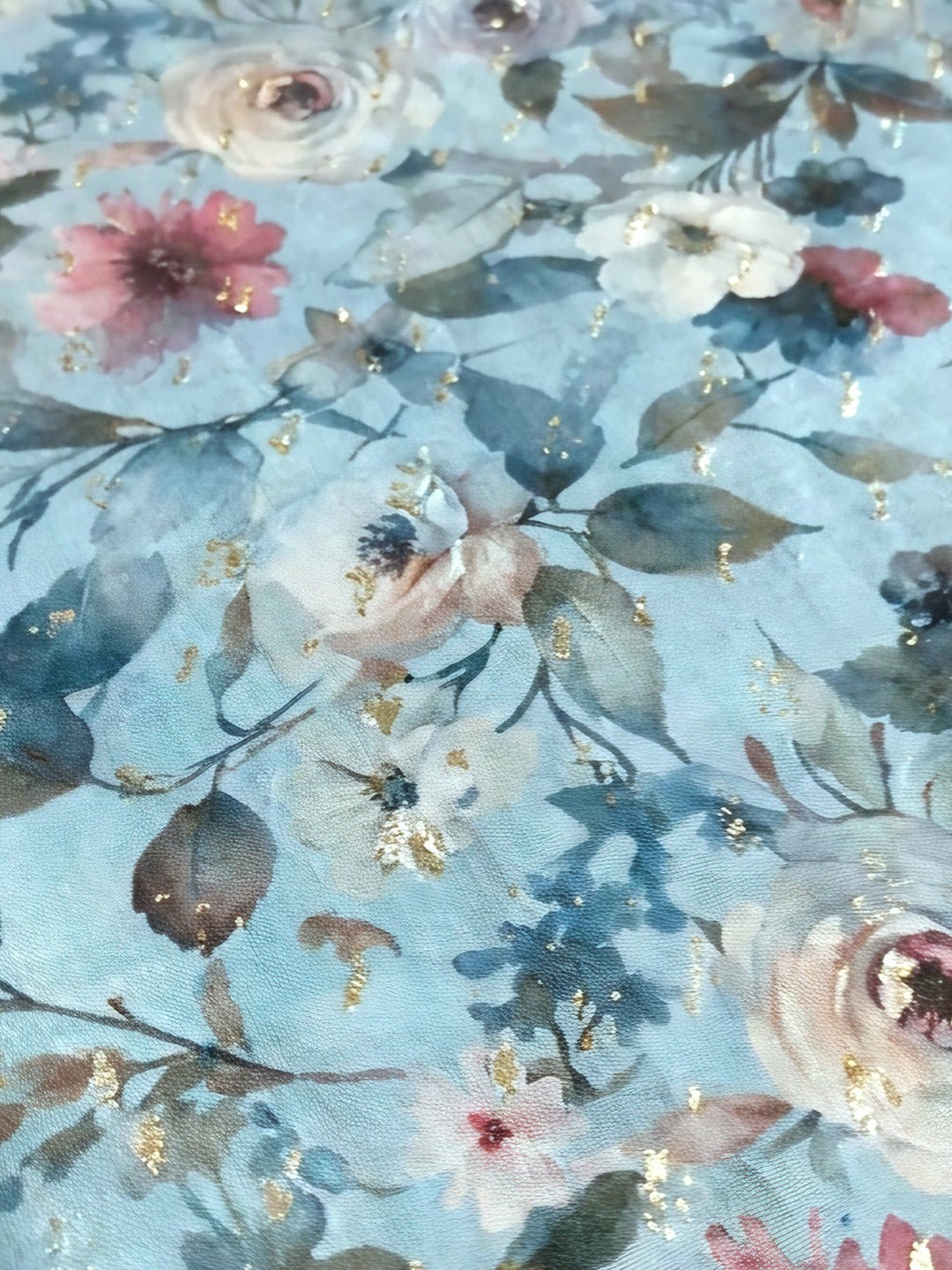 Sky Blue Printed Cotton Blend Unstitched Suit &amp; Pant With Cotton Dupatta