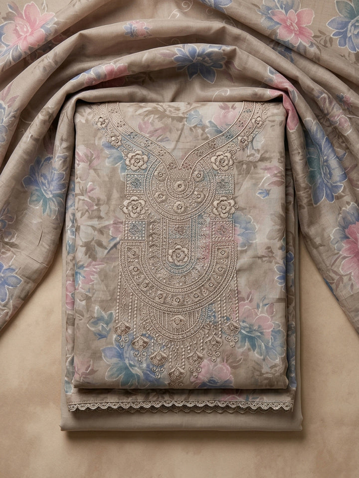 Chikoo Embroidered Cotton Blend Unstitched Suit &amp; Pant With Cotton Dupatta
