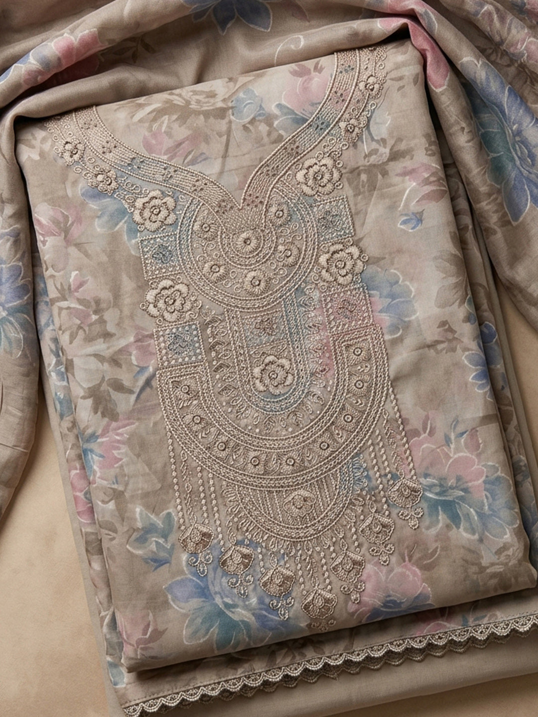 Chikoo Embroidered Cotton Blend Unstitched Suit &amp; Pant With Cotton Dupatta