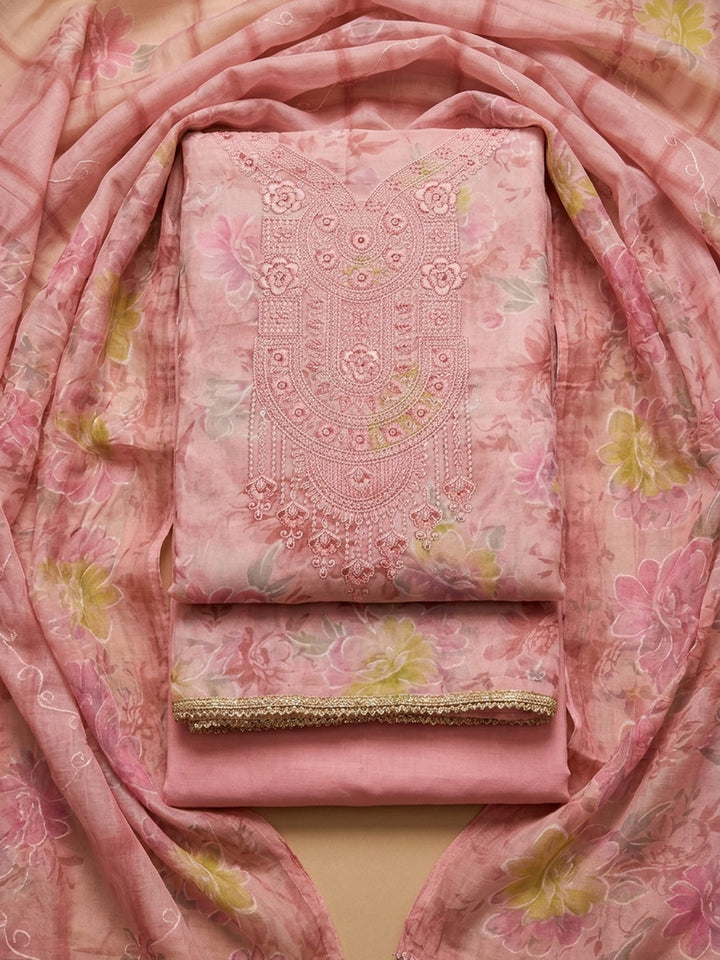 Peach Embroidered Cotton Blend Unstitched Suit &amp; Pant With Cotton Dupatta