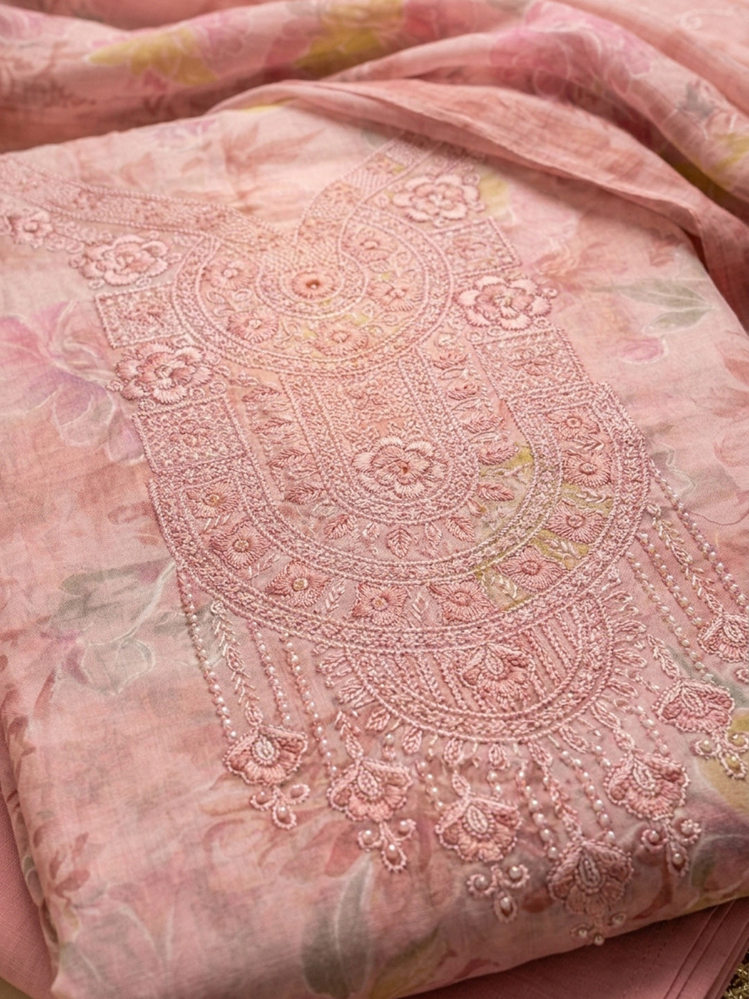Peach Embroidered Cotton Blend Unstitched Suit &amp; Pant With Cotton Dupatta