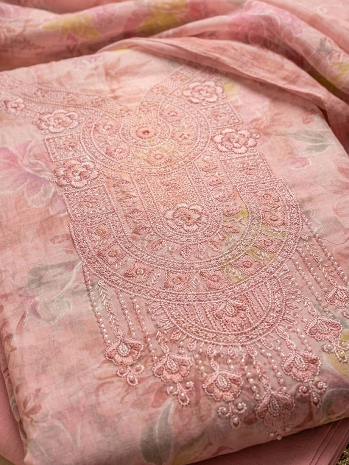 Peach Embroidered Cotton Blend Unstitched Suit &amp; Pant With Cotton Dupatta