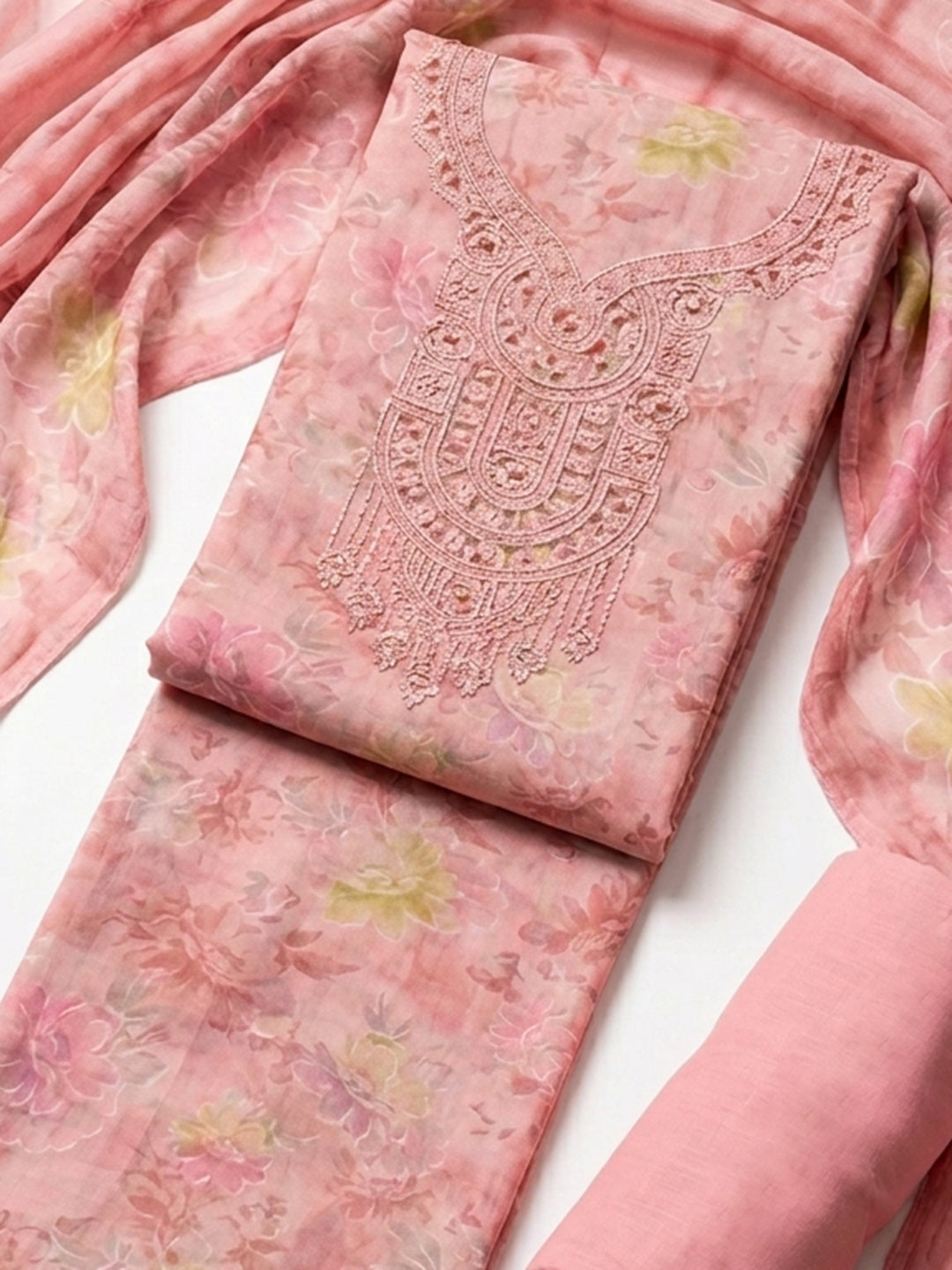Peach Embroidered Cotton Blend Unstitched Suit &amp; Pant With Cotton Dupatta