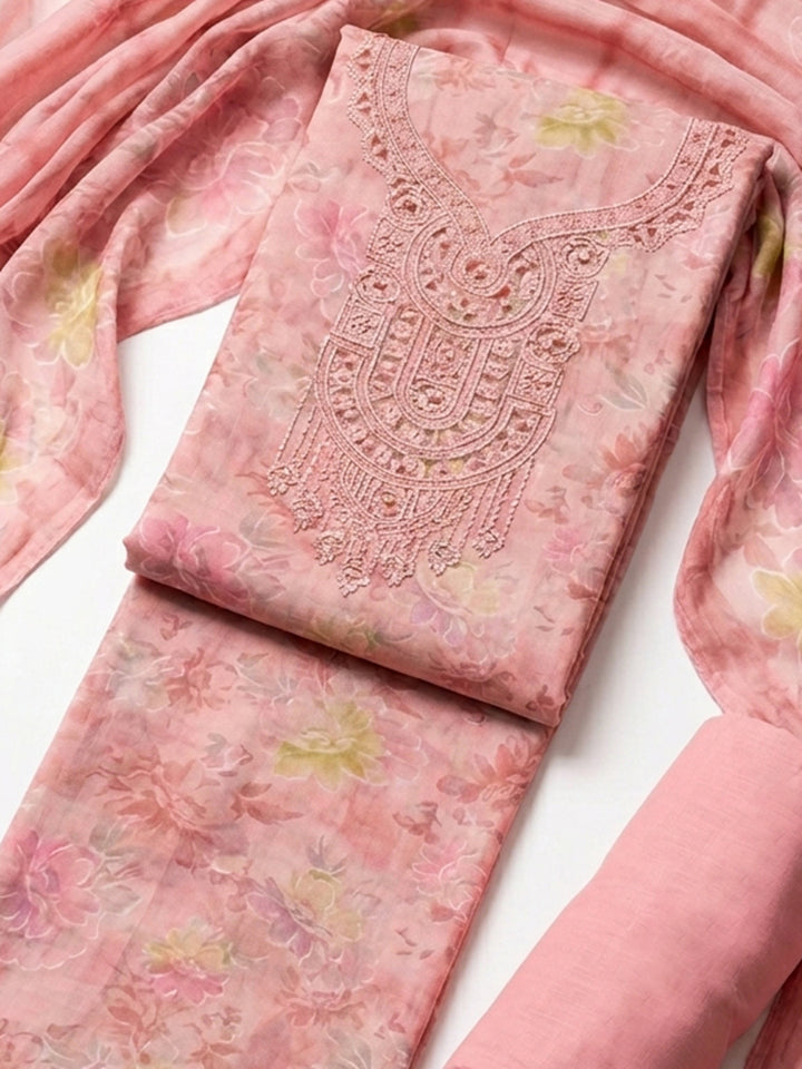 Peach Embroidered Cotton Blend Unstitched Suit &amp; Pant With Cotton Dupatta