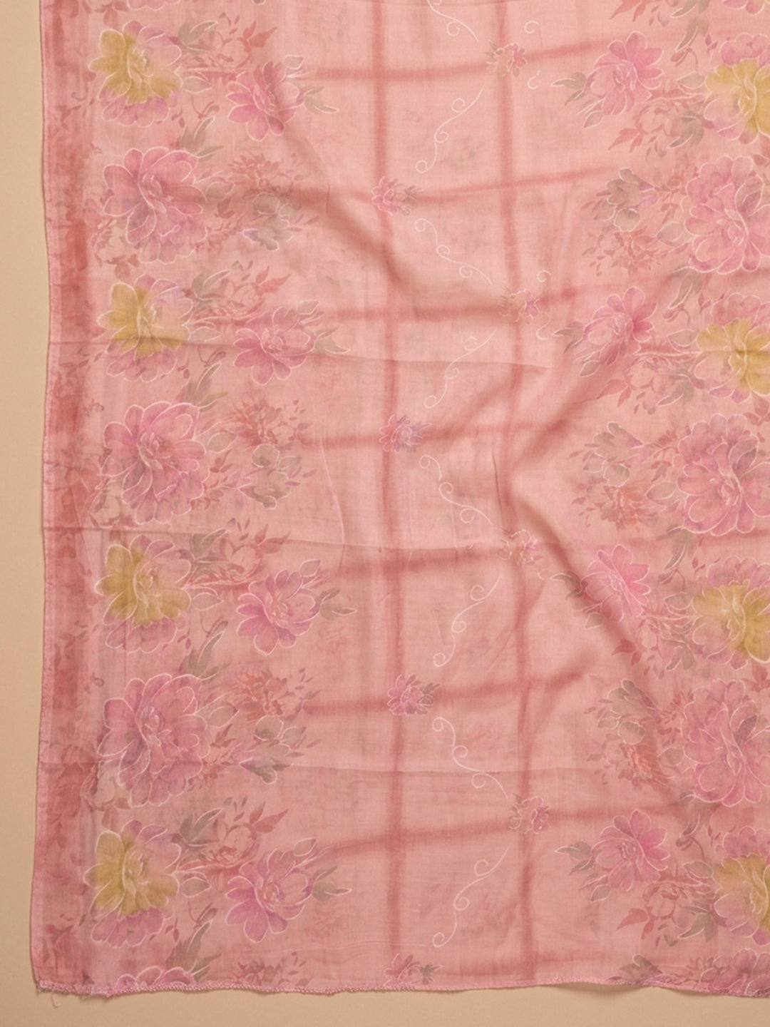 Peach Embroidered Cotton Blend Unstitched Suit &amp; Pant With Cotton Dupatta