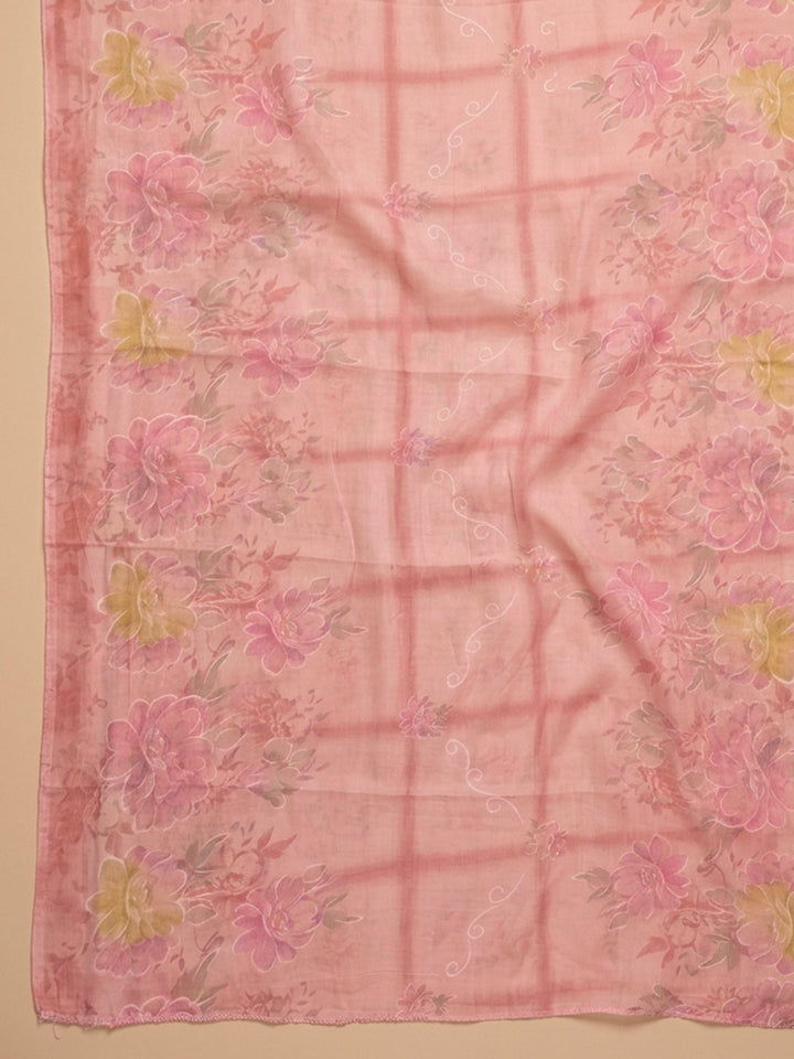 Peach Embroidered Cotton Blend Unstitched Suit &amp; Pant With Cotton Dupatta