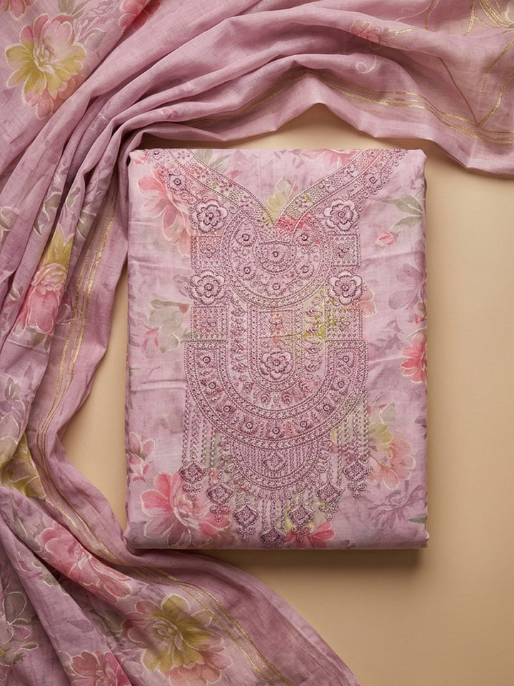 Pink Embroidered Cotton Blend Unstitched Suit &amp; Pant With Cotton Dupatta