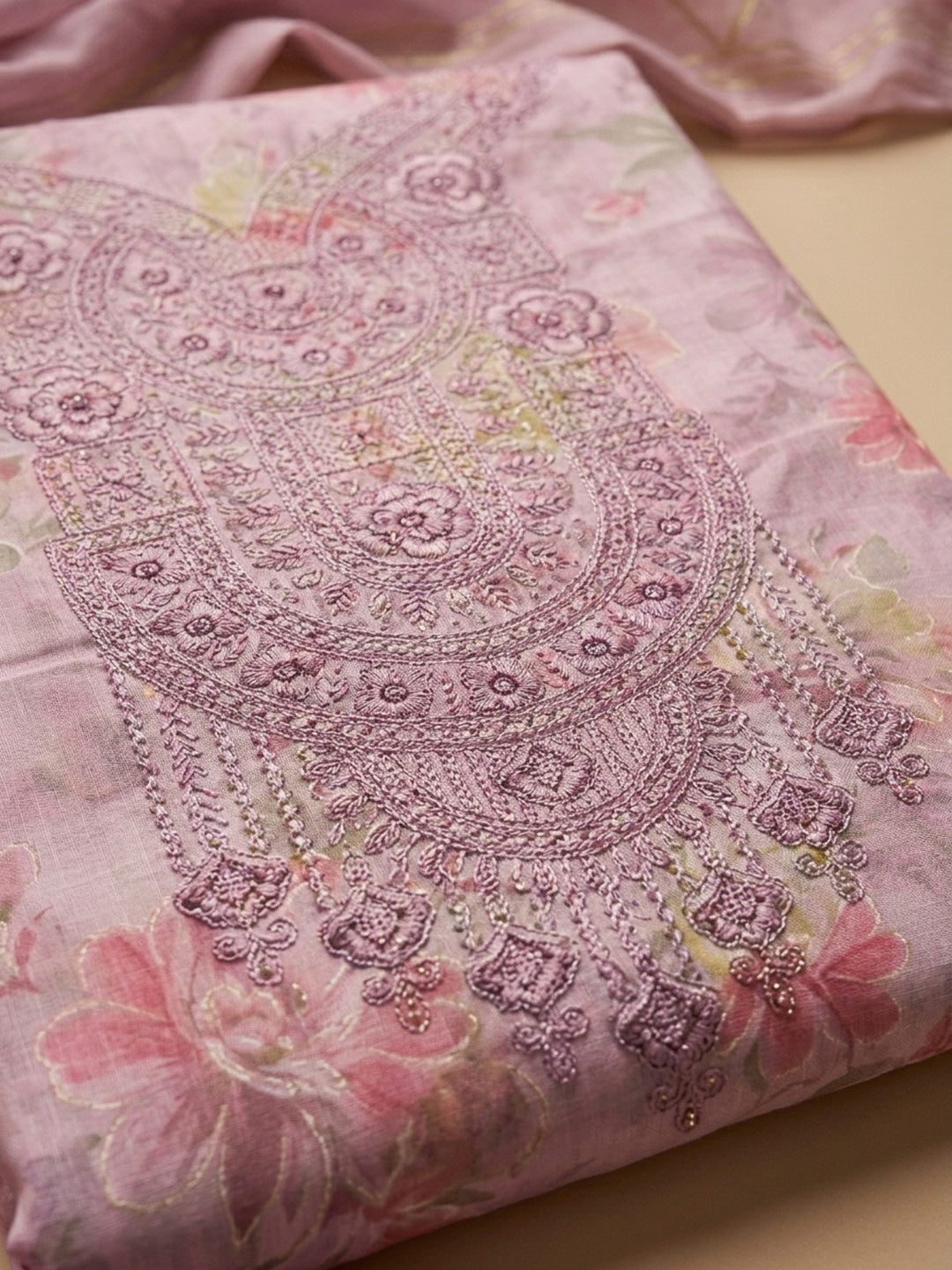 Pink Embroidered Cotton Blend Unstitched Suit &amp; Pant With Cotton Dupatta