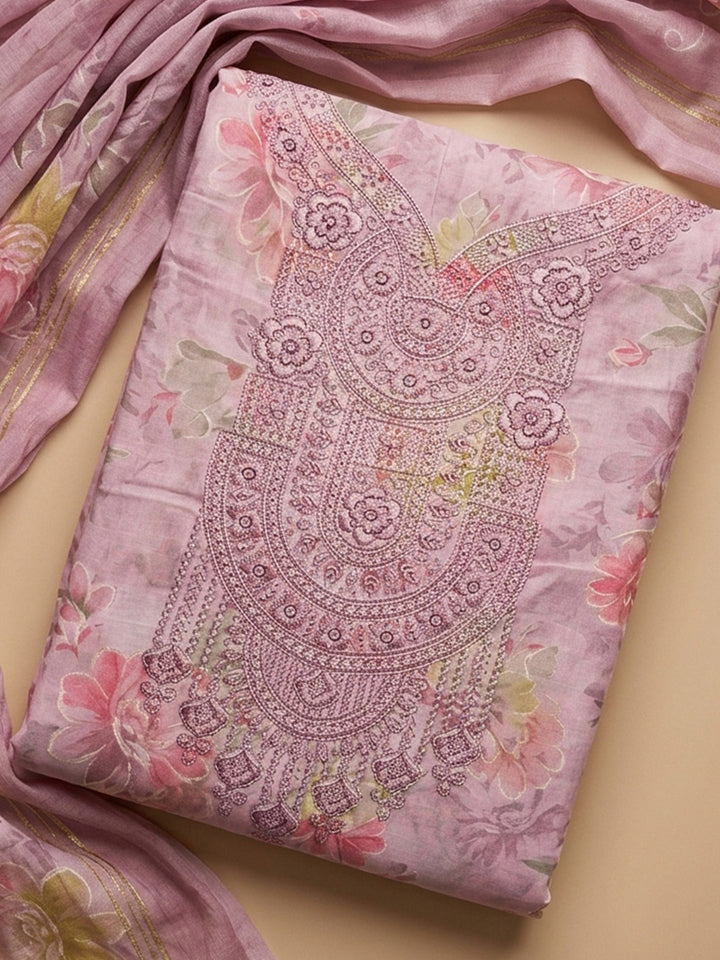 Pink Embroidered Cotton Blend Unstitched Suit &amp; Pant With Cotton Dupatta