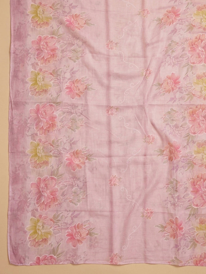 Pink Embroidered Cotton Blend Unstitched Suit &amp; Pant With Cotton Dupatta