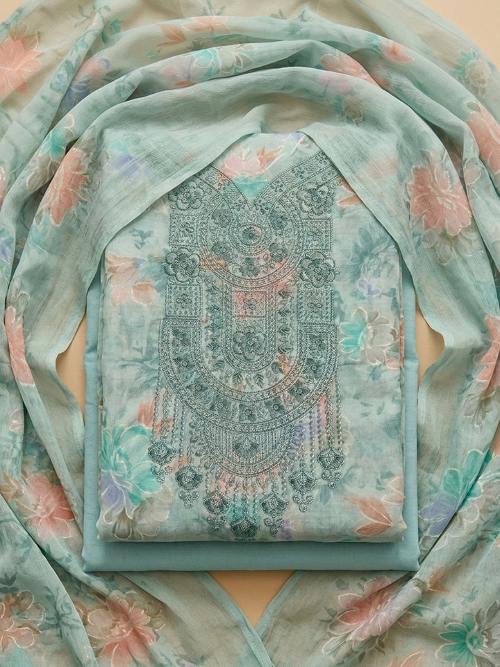 Sea Green Embroidered Cotton Blend Unstitched Suit &amp; Pant With Cotton Dupatta