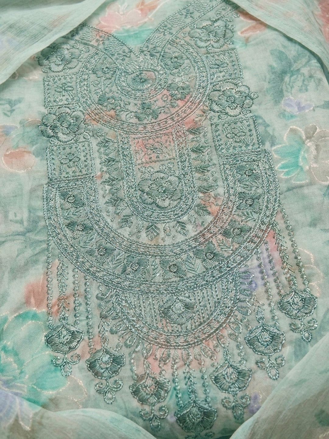 Sea Green Embroidered Cotton Blend Unstitched Suit &amp; Pant With Cotton Dupatta