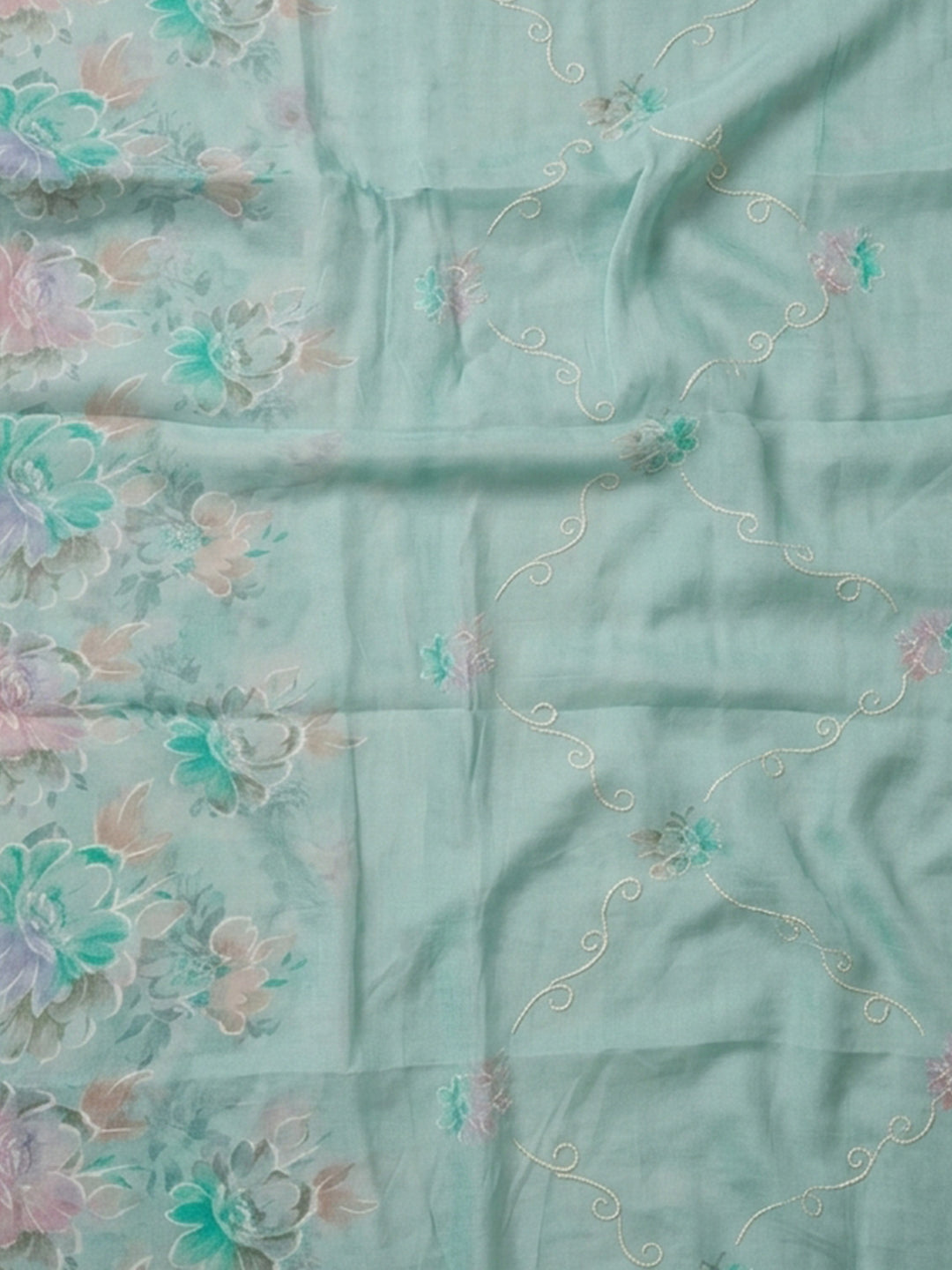 Sea Green Embroidered Cotton Blend Unstitched Suit &amp; Pant With Cotton Dupatta
