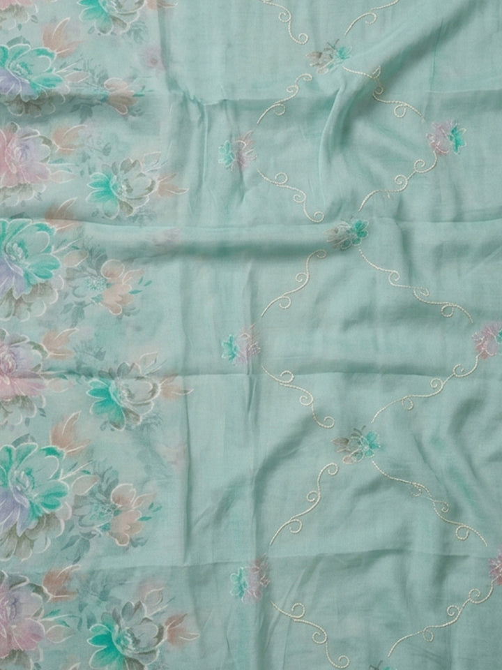Sea Green Embroidered Cotton Blend Unstitched Suit &amp; Pant With Cotton Dupatta