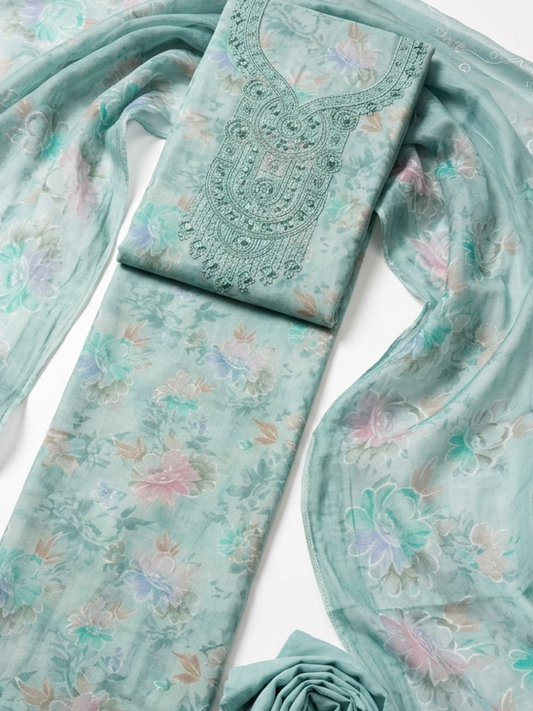 Sea Green Embroidered Cotton Blend Unstitched Suit &amp; Pant With Cotton Dupatta